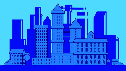 sketch of the city in blue-blue color, in the style of minimalism