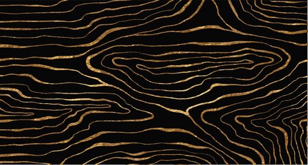 Golden glitter and black abstract marble stone, wood design, natural texture, waves, curls. Luxury ink, liquid stains, abstract landscape. Patterns, covers, logo, branding template.