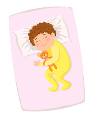 Happy children's sleep. Child with a teddy bear in bed.
Vector illustration in a flat style.