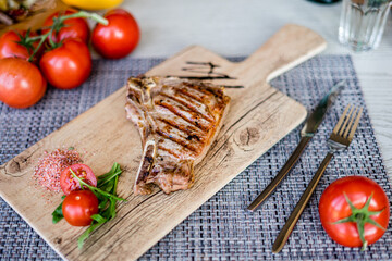 Lunch. Salad and meat. Wine