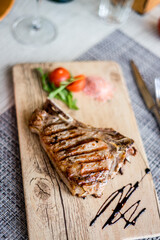 Lunch. Salad and meat. Wine