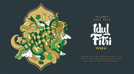 Selamat Hari Raya Idul Fitri.Translation: Happy Eid Mubarak. Eid al-Fitr Greeting with hand lettering calligraphy and illustration. vector illustration.