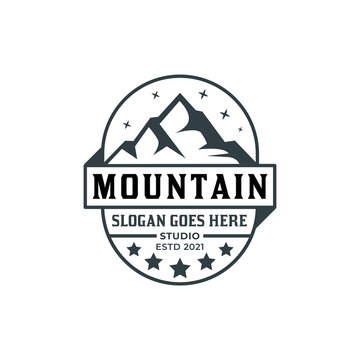 vintage logo of mountain badge studio for landscape photographer, adventure, climber illustration design