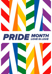 LGBTQIA Pride Month in June. Lesbian Gay Bisexual Transgender. Celebrated annual. LGBT flag. Rainbow love concept. Human rights and tolerance. Poster, card, banner and background. Vector illustration
