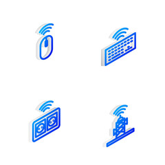 Set Isometric line Wireless keyboard, mouse, Smart electrical outlet and antenna icon. Vector