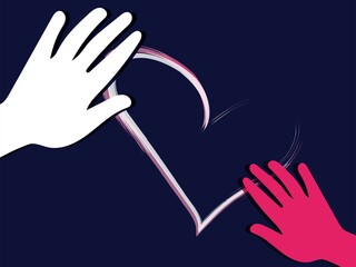 Two hands of different colors near the heart. Mother's hand and child's hand