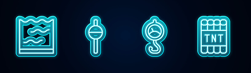 Set line Aquarium, Fishing float, Spring scale and Detonate dynamite bomb stick. Glowing neon icon. Vector