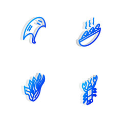 Obraz premium Set Isometric line Fish soup, Stingray, Seaweed and Lobster icon. Vector