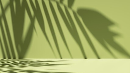 3d render, simple abstract green background illuminated with bright sunlight, with palm leaf shadow. Modern minimal showcase scene for product presentation
