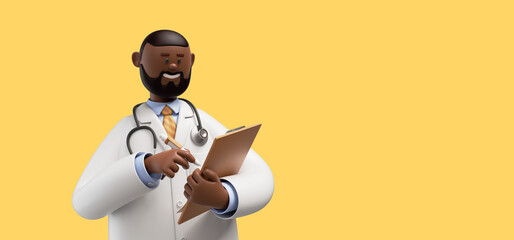 3d render. Doctor african cartoon character holds clipboard. Clip art isolated on yellow background. Professional consultation. Medical concept - obrazy, fototapety, plakaty