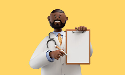 3d render. Happy doctor african cartoon character shows clipboard with blank paper. Clip art isolated on yellow background. Medical insurance professional recommendation - obrazy, fototapety, plakaty