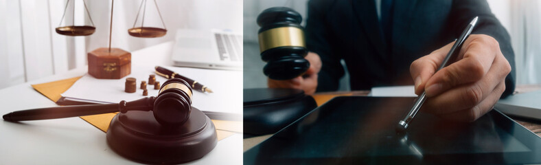 Justice and law concept.Male judge in a courtroom with the gavel, working with, computer and docking keyboard, eyeglasses, on table in morning light