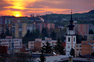 Morning view of the little Slovak town of Myjava with a dominant white tower of the Evangelical church