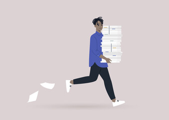 Time management concept, a young male Black character running with a huge pile of documents, office life, deadlines