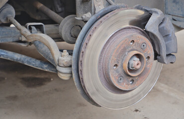 Car repair. Car on jacks without wheels. Close-up view of brake discs.