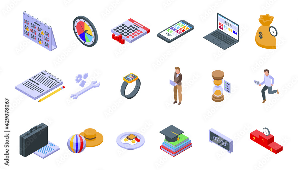 Poster time management icons set. isometric set of time management vector icons for web design isolated on 