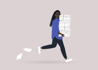 Time management concept, a young female Black character running with a huge pile of documents, office life, deadlines