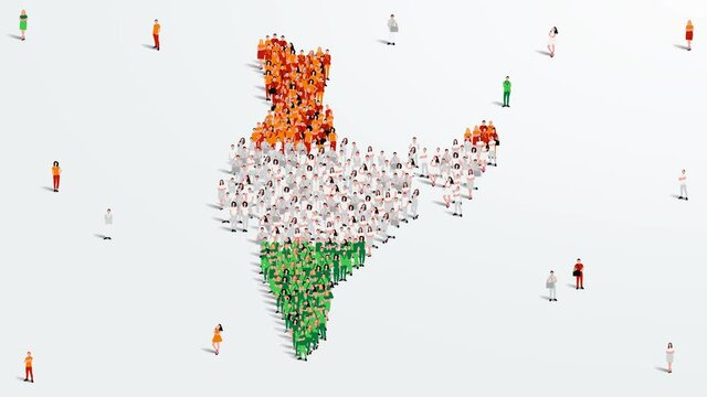 India Map and Flag. A large group of people in Indian flag color form to create the map. 4K Video Animation.