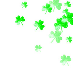 St patricks day background with shamrock. Lucky trefoil confetti. Glitter frame of clover leaves. Template for party invite, retail offer and ad. Festal st patricks day backdrop.