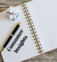 Top view of a pen with Consumer Insights written on a notebook.