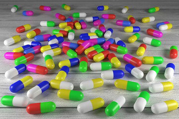 Multicolored capsules of medical preparations close-up. 3D rendering.
