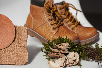 Vegan leather shoes from mushroom mycelium. samples of vegan bio leather, eco friendly concept - obrazy, fototapety, plakaty