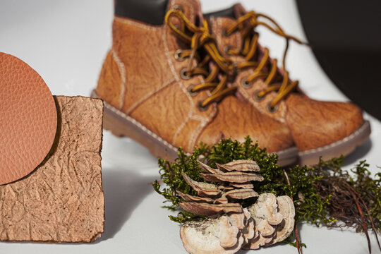 Vegan leather shoes from mushroom mycelium. samples of vegan bio leather, eco friendly concept