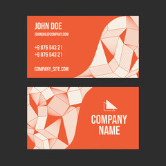 Business card with a geometric simple pattern of lines and triangles in red and beige. Company identity, design option. Linear vector drawing