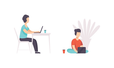 Young Man Sitting in Front of Laptop and Working from Home Vector Set