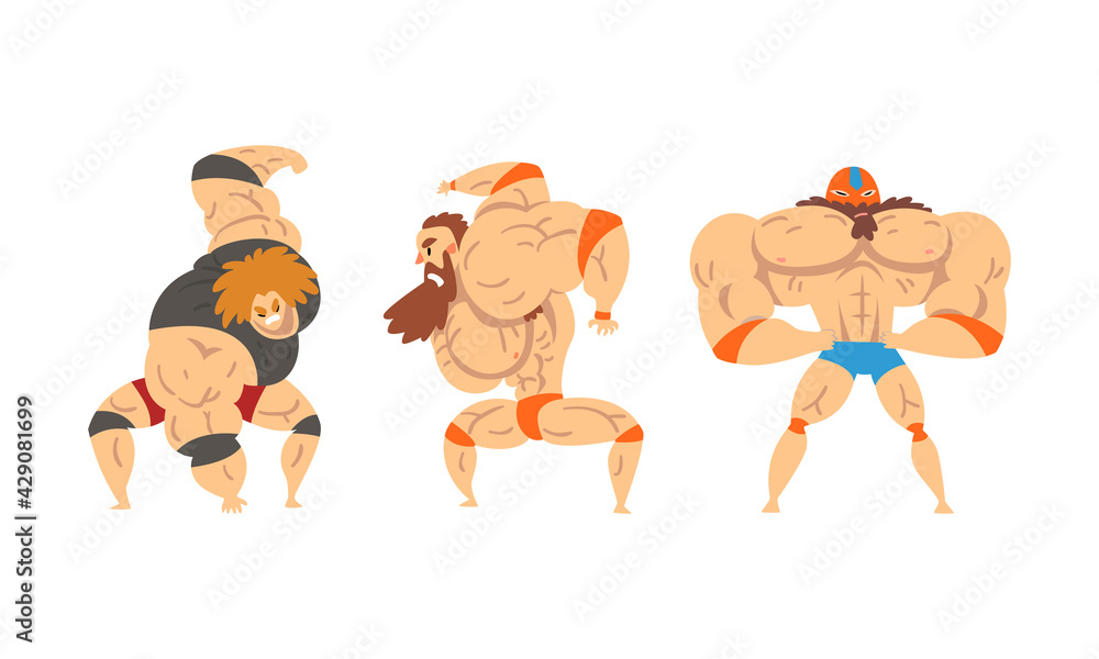 Sticker Muscular Wrestler Posing and Striking Engaged in Mixed Martial Arts Fighting Vector Set