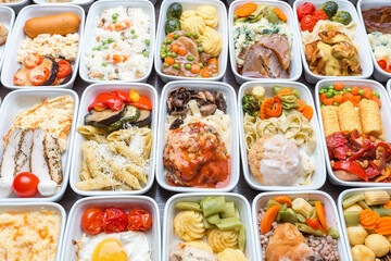 Airplane food presentation with variety of in flight meals.  Flight catering.  Food on airplanes. Salad bar buffet  display in restaurant.  Meat cuts. Hot appetizers. Close-up, a lot of food.
