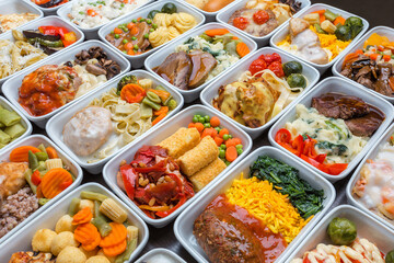 Airplane food presentation with variety of in flight meals.  Flight catering.  Food on airplanes....