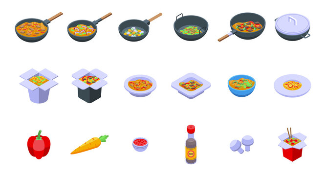 Wok menu icons set. Isometric set of wok menu vector icons for web design isolated on white background