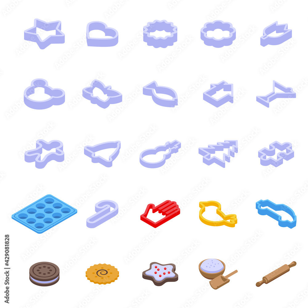 Poster cookie molds icons set. isometric set of cookie molds vector icons for web design isolated on white 
