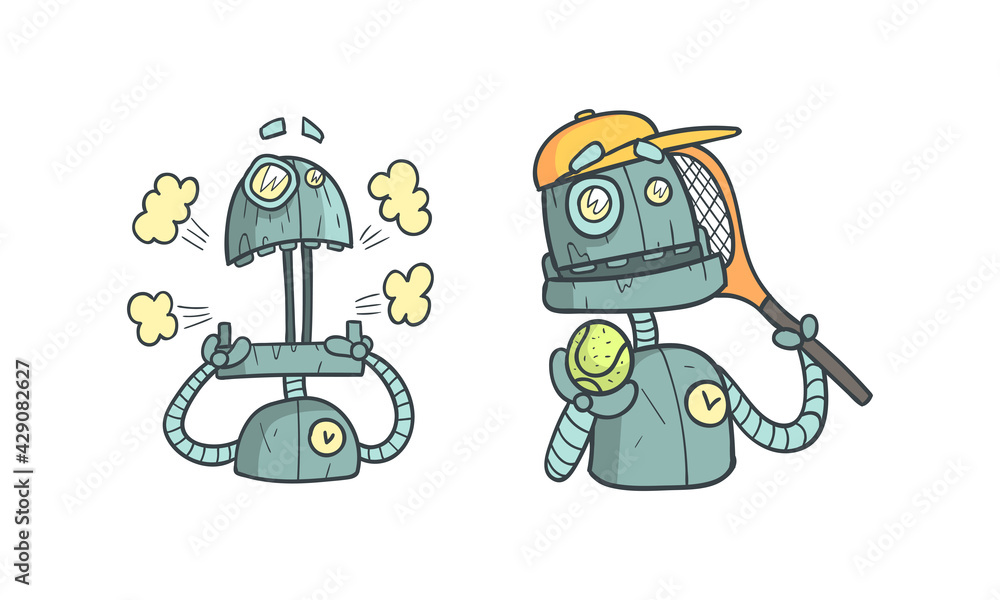 Sticker Metal Robot with Different Emotions as Cartoon Mechanical Android in Outline Style Vector Set