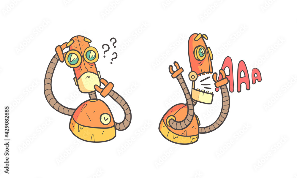 Poster metal robot with different emotions as cartoon mechanical android in outline style vector set