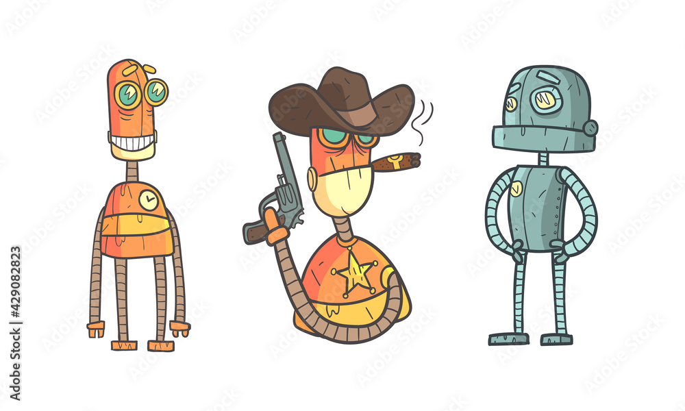 Poster metal robot with different emotions as cartoon mechanical android in outline style vector set