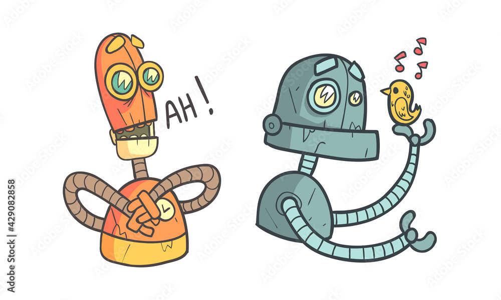 Poster metal robot with different emotions as cartoon mechanical android in outline style vector set