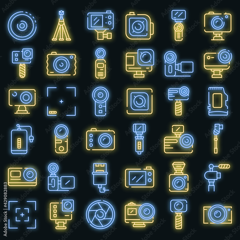 Poster action camera icons set. outline set of action camera vector icons neon color on white