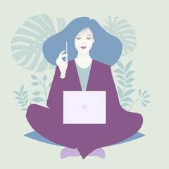 Oriental woman sitting comfortably with a laptop and a pencil, surrounded by plants