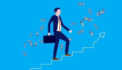 Career progress - Businessman walking up stairs to reach success, with money falling from the sky. Ladder of success concept. Vector illustration.