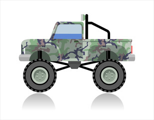 green pickup truck, monster truck isolated on white, vector illustration 