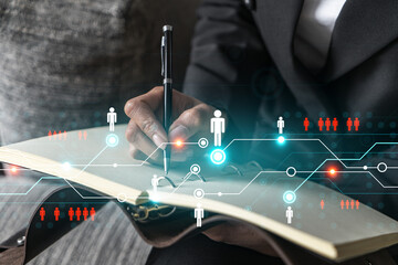 social media theme hologram and a woman taking notes. People network concept. Multiexposure.