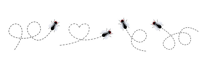 Flies icon set. Fly insect flying on a dotted route. Vector illustration isolated on the white background. © Віталій Баріда