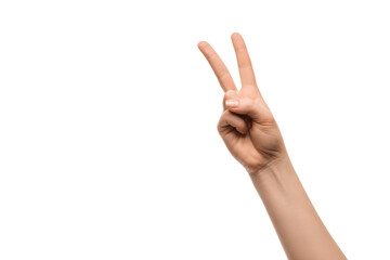 A woman's hand shows two fingers on a white background