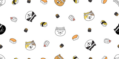 cat seamless pattern kitten chef sushi ramen head calico japan food vector pet scarf isolated cartoon animal tile wallpaper repeat background illustration doodle design