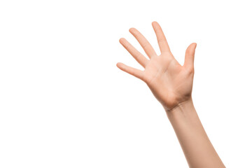 A woman's hand shows five fingers on a white background
