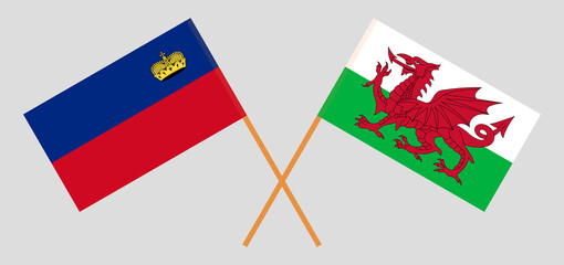 Crossed flags of Liechtenstein and Wales. Official colors. Correct proportion