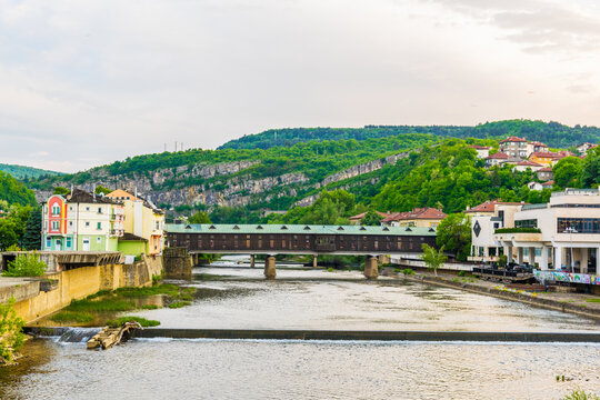 Covered wooden bridge in the town of Lovech in Bulgaria over the Osam river