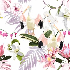 Tropical vintage palm leaves and flowers, pelican floral seamless pattern on white background. Exotic jungle bird wallpaper.
